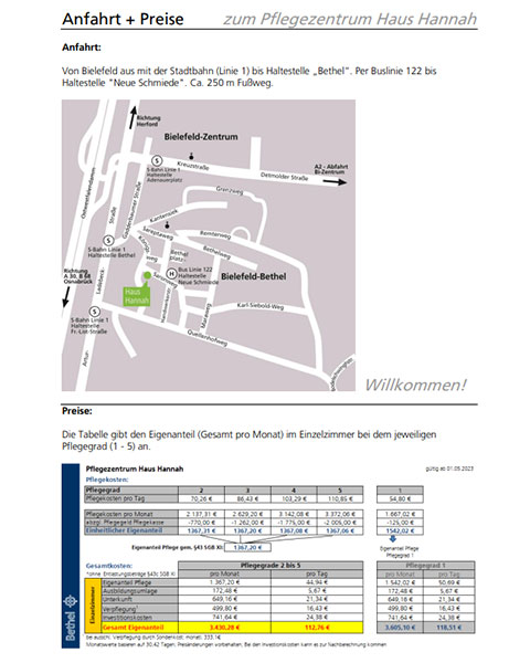 Anfahrt und Preisliste des Pflegezentrums Haus Hannah Bethel in Bielefeld